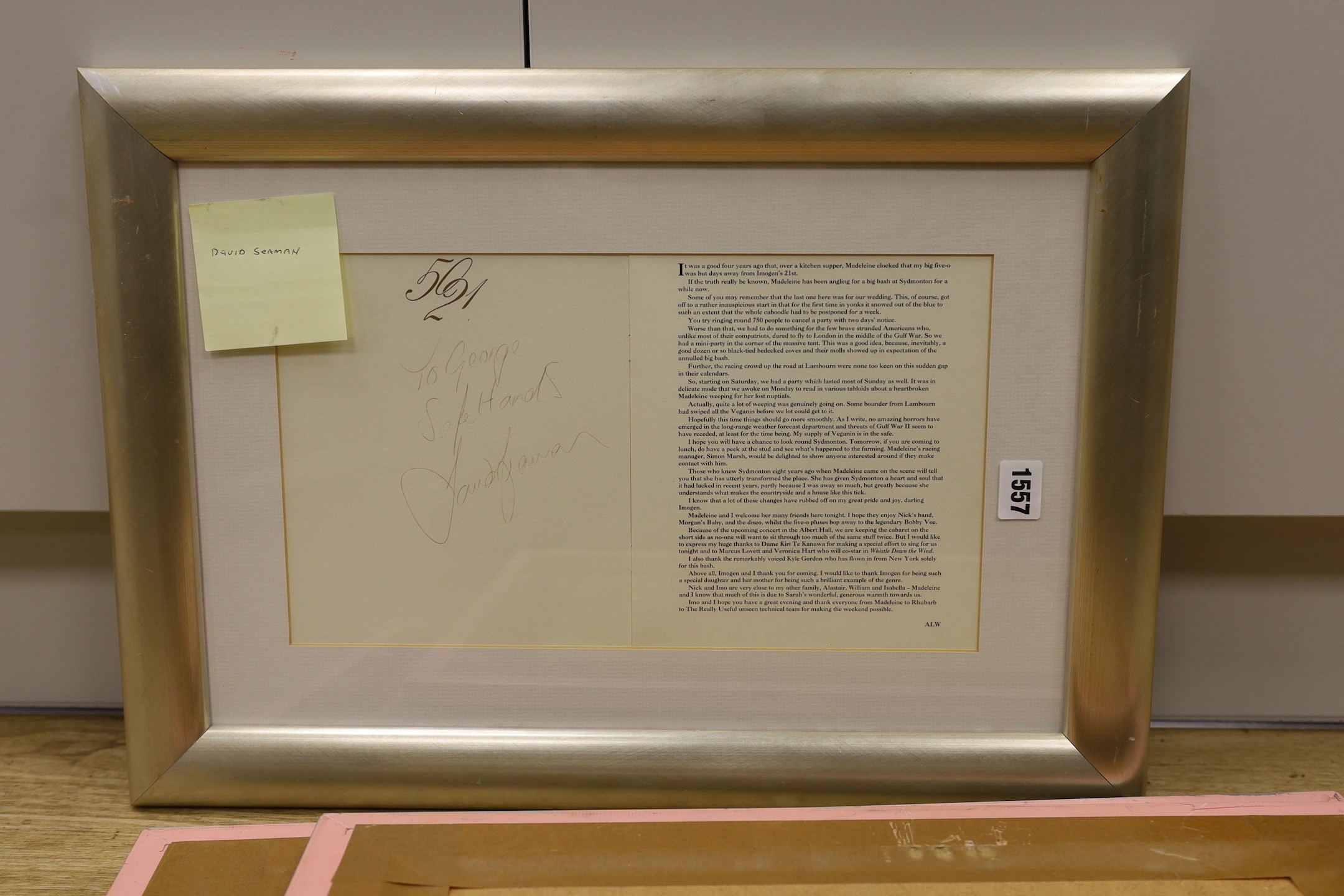 A collection of mostly framed autographs to include an event card from Elton John, 25 March 1994 signed by Charlie Watts, Jerry Hall and Jerry Hall, together with autographs by David Bowie, Phil Collins, David Bailey, Da